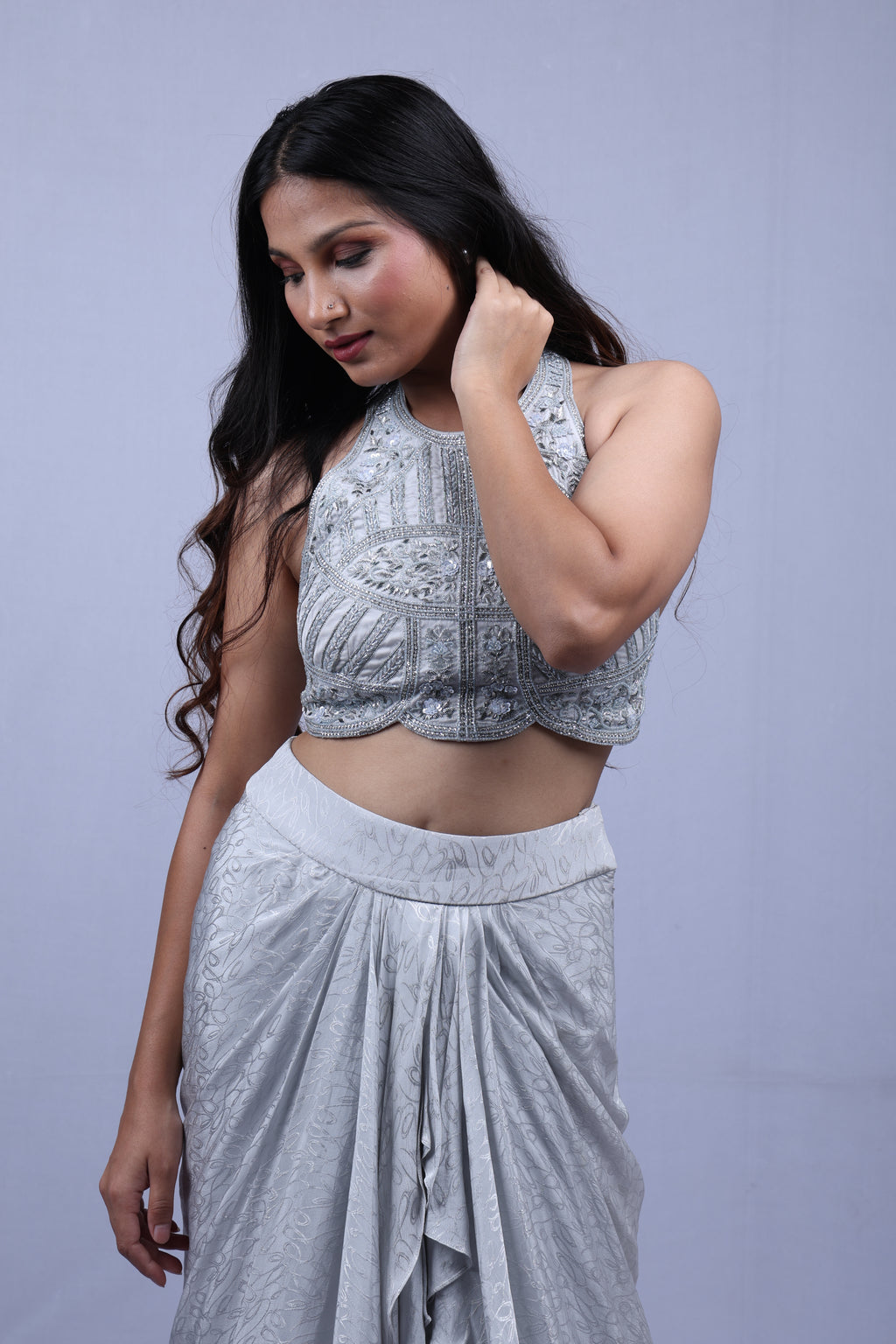 Light Sky Blue Crop Top Dhoti Set