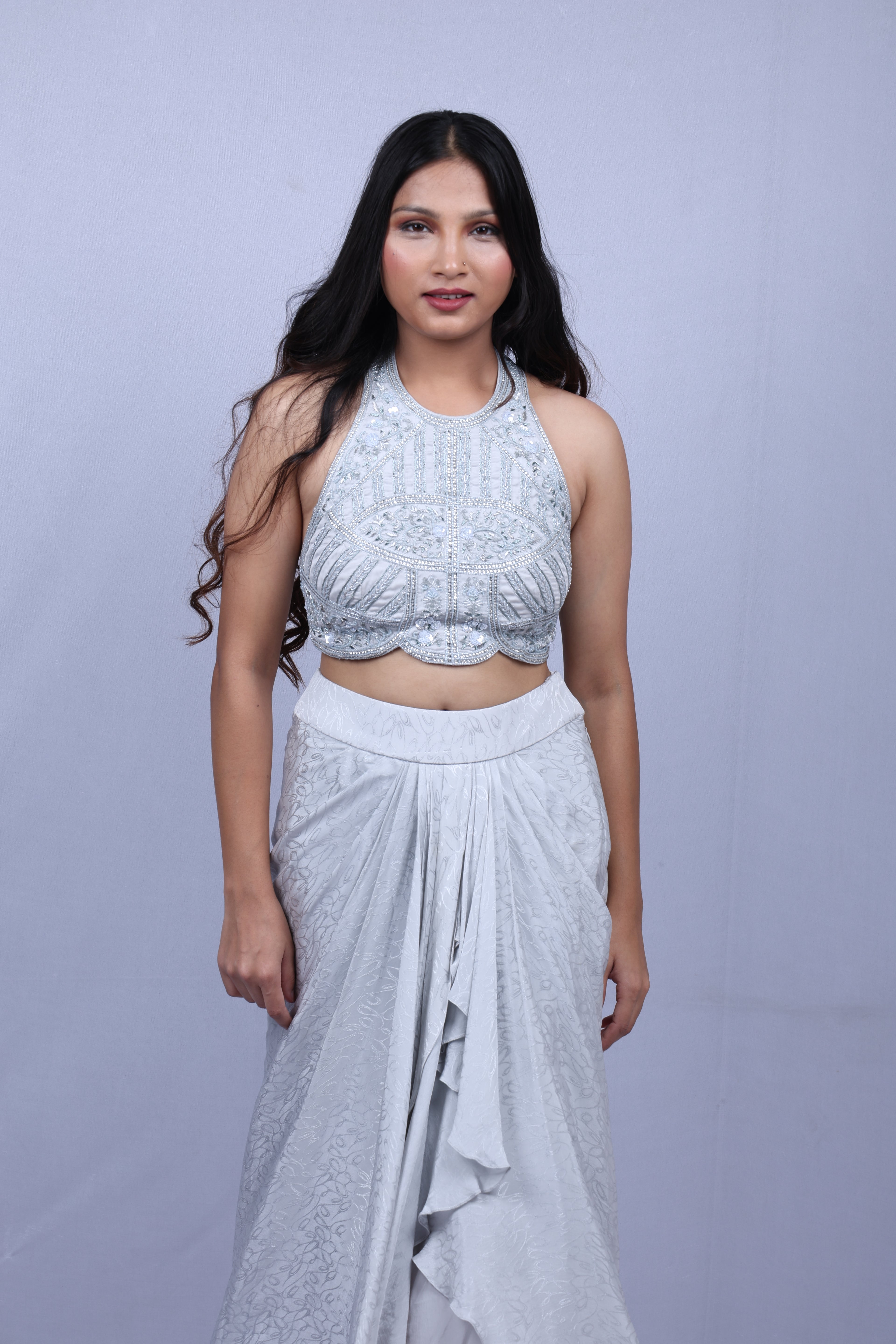 Light Sky Blue Crop Top Dhoti Set
