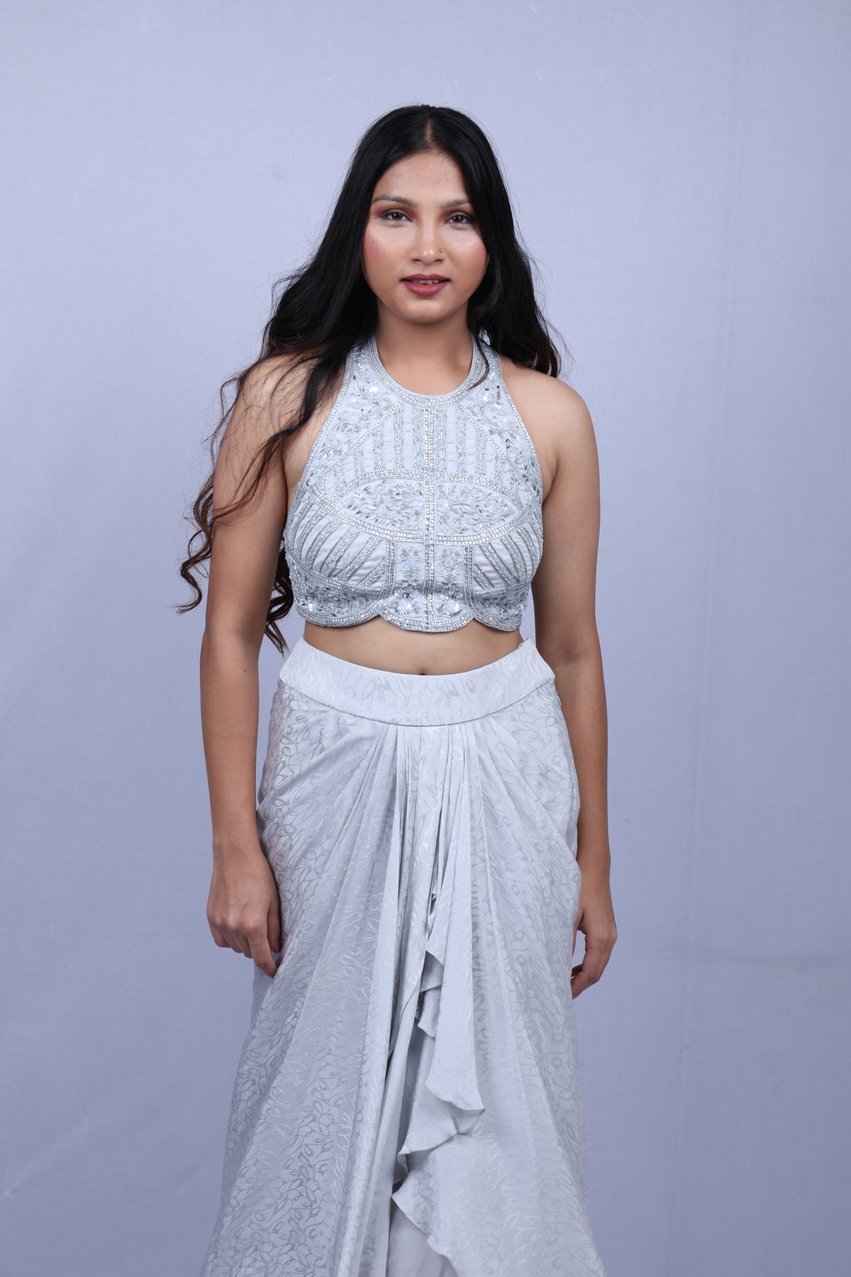Light Sky Blue Crop Top Dhoti Set