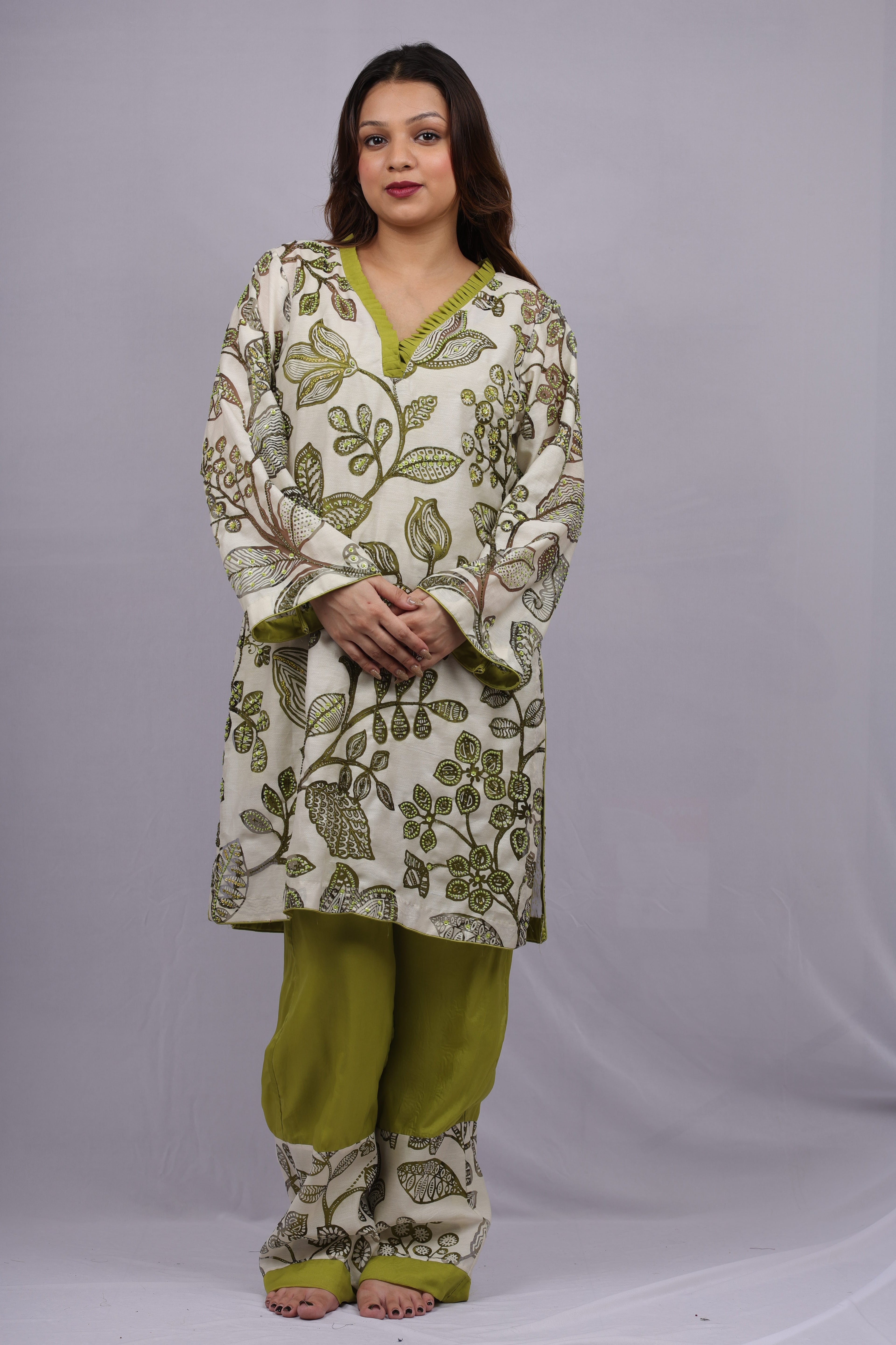 off-white and  mehndi Kurta Set