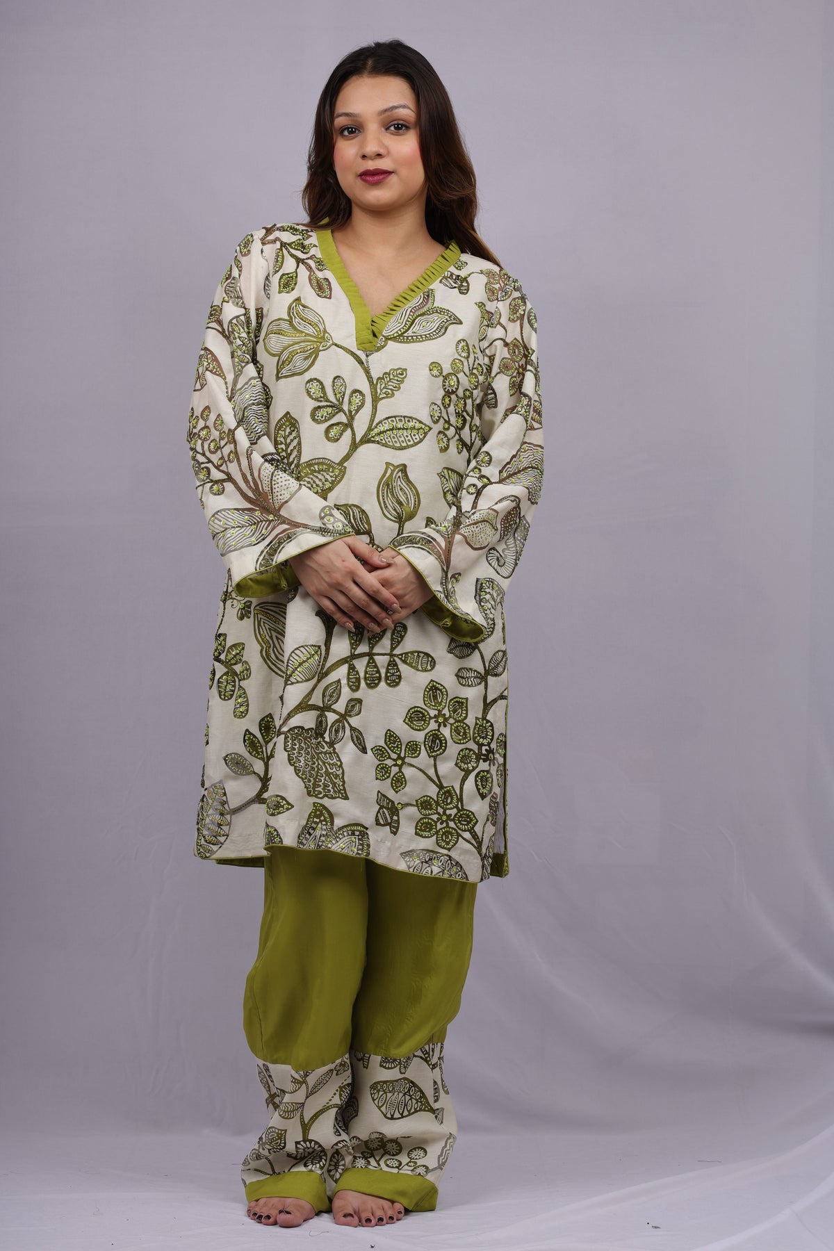 off-white and  mehndi Kurta Set
