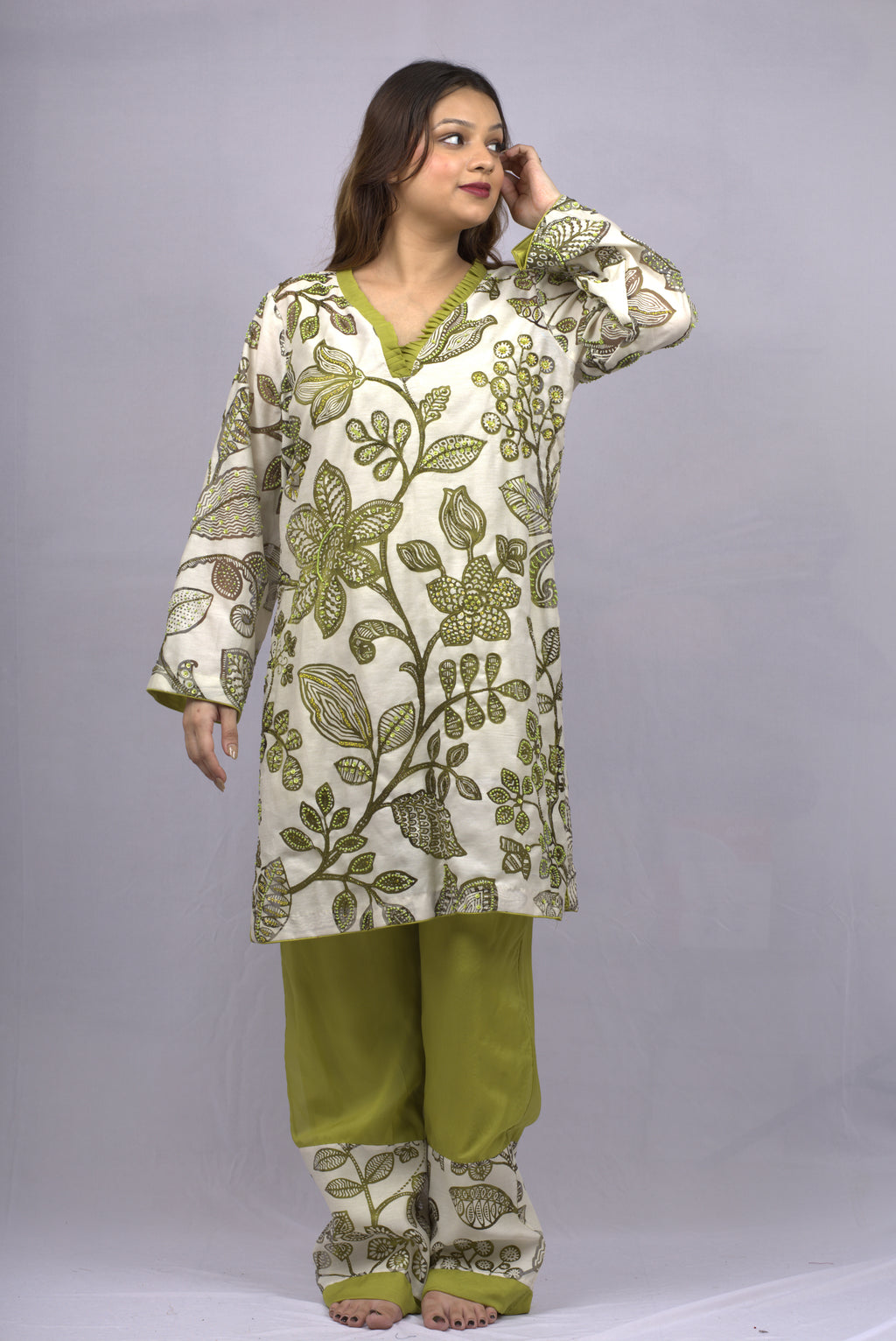 off-white and  mehndi Kurta Set