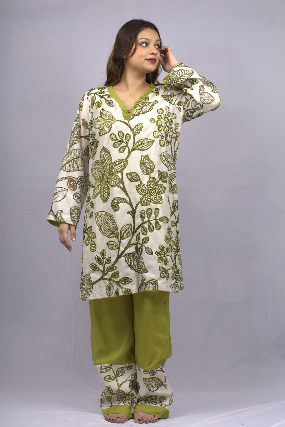 off-white and  mehndi Kurta Set