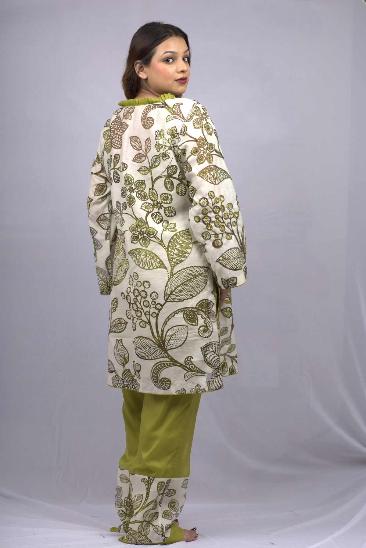 off-white and  mehndi Kurta Set