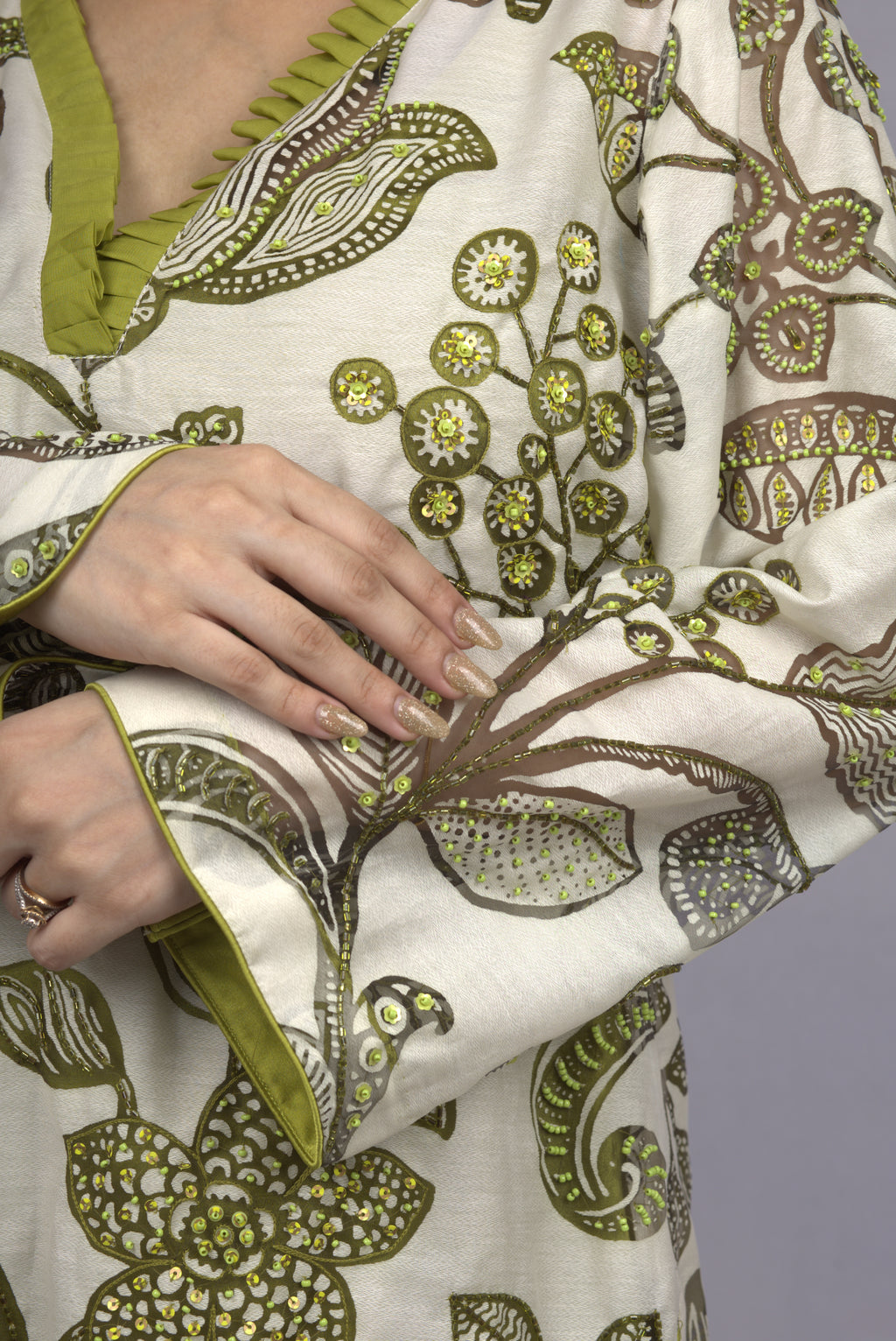 off-white and  mehndi Kurta Set