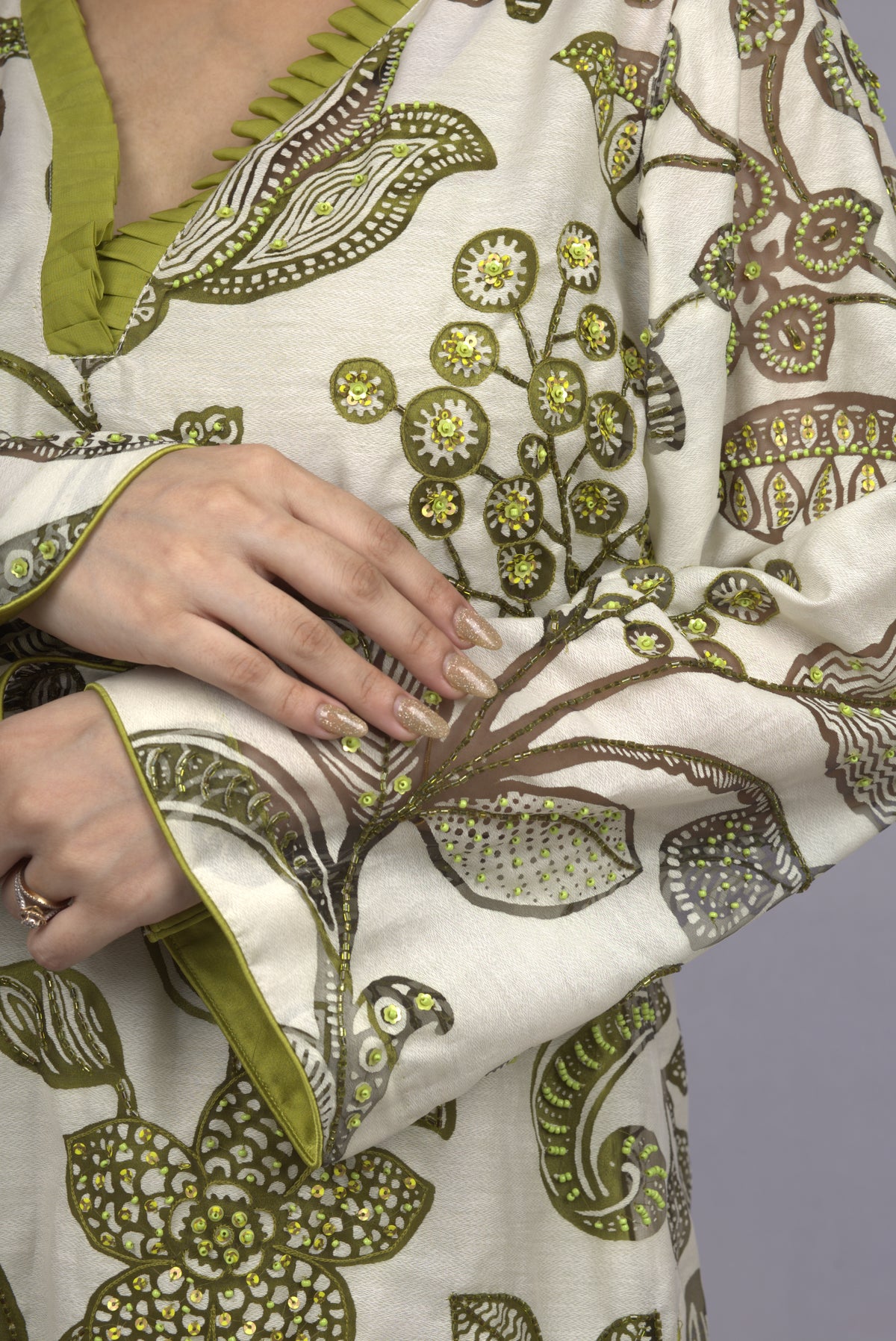 off-white and  mehndi Kurta Set