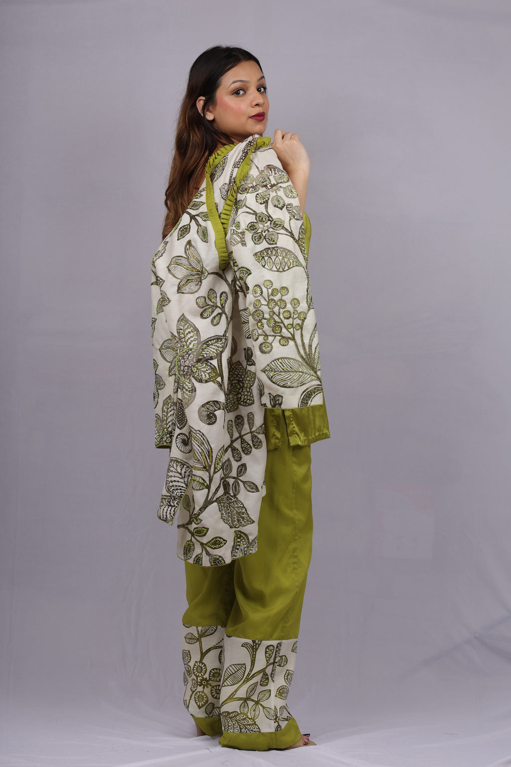 off-white and  mehndi Kurta Set