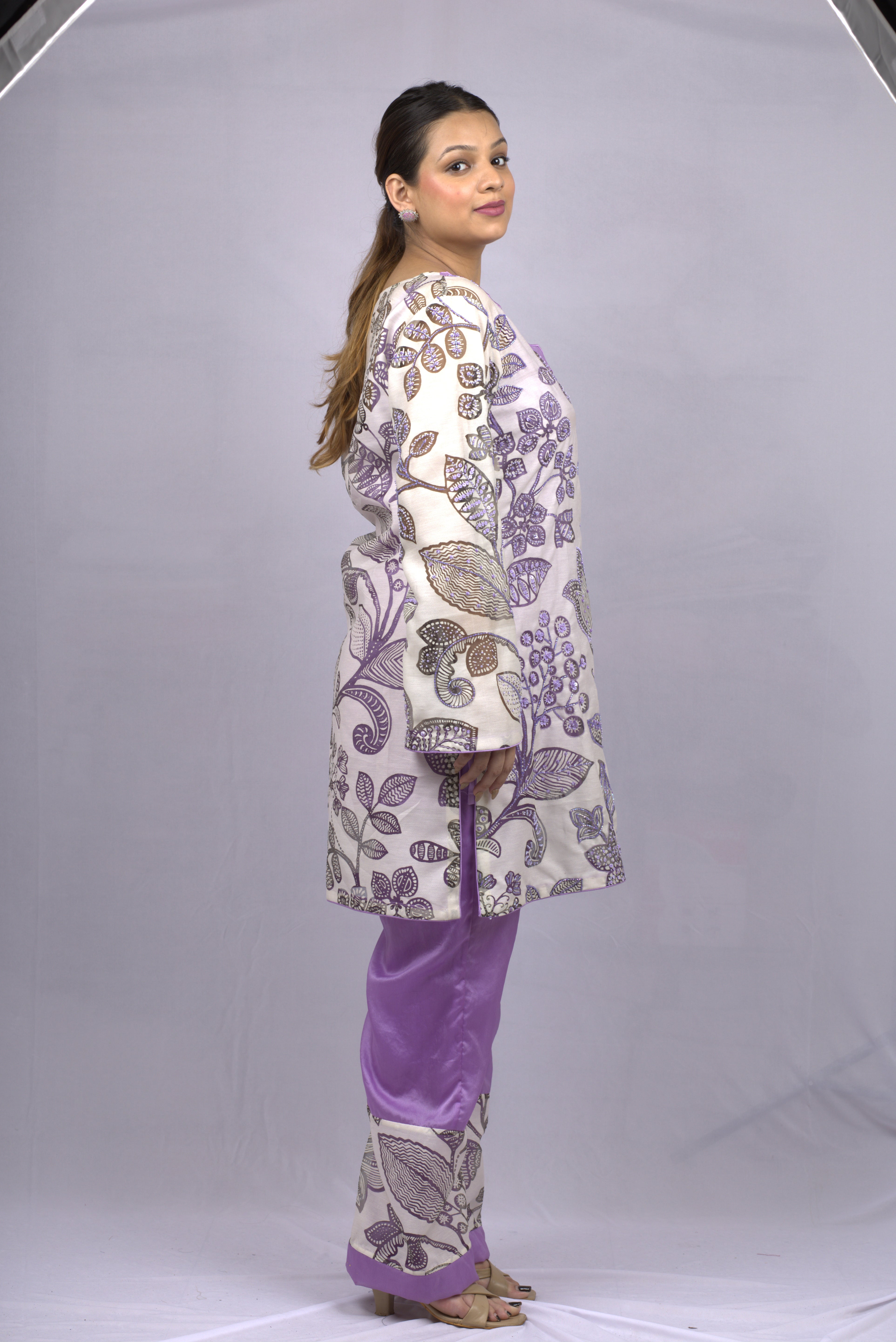 White Purple Kurta Set