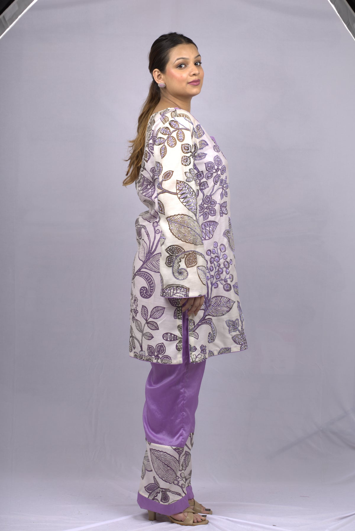 White Purple Kurta Set