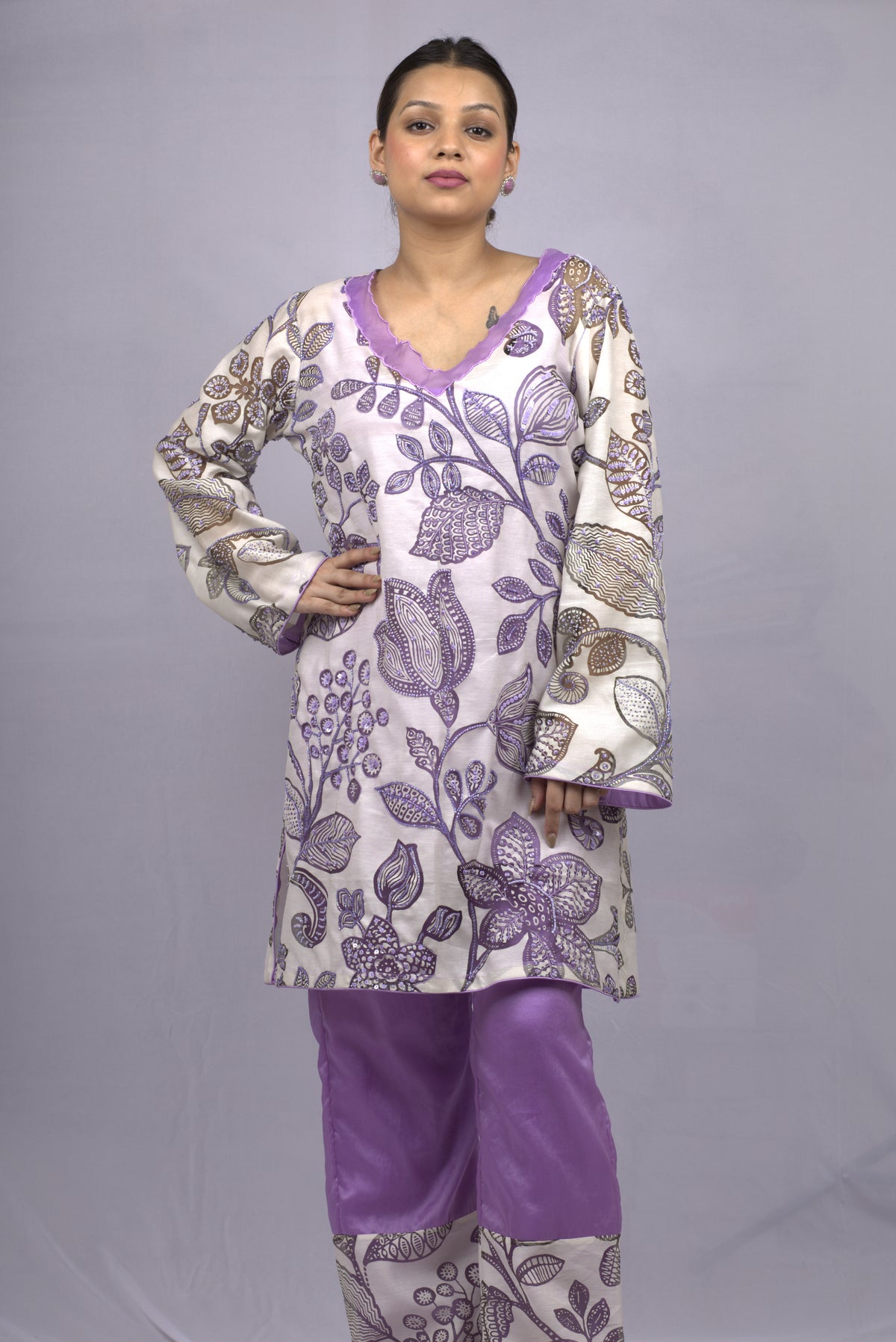 White Purple Kurta Set