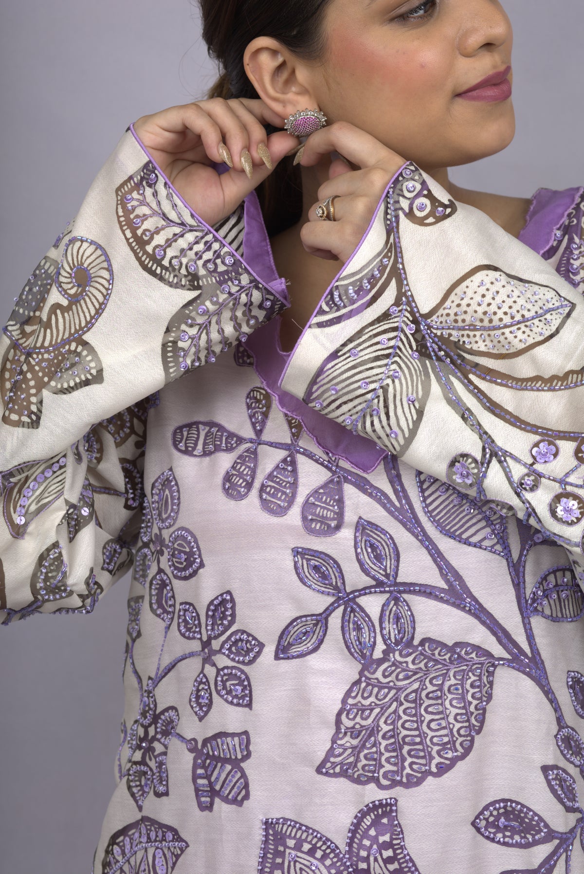 White Purple Kurta Set